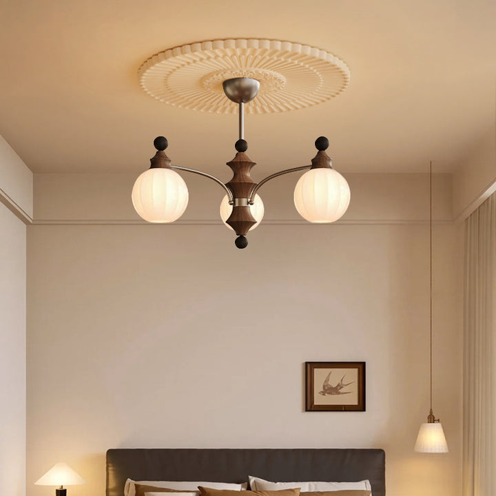 Rama de vidrio contemporánea retro con pantalla de vidrio en forma de orbe, marco de hardware de madera, lámpara de araña de 3/5/8 luces para sala de estar 