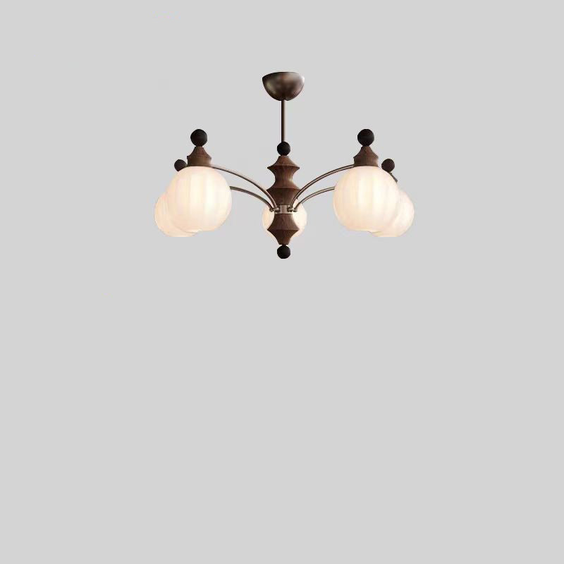 Rama de vidrio contemporánea retro con pantalla de vidrio en forma de orbe, marco de hardware de madera, lámpara de araña de 3/5/8 luces para sala de estar 