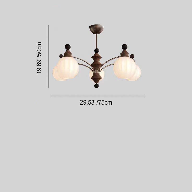Rama de vidrio contemporánea retro con pantalla de vidrio en forma de orbe, marco de hardware de madera, lámpara de araña de 3/5/8 luces para sala de estar 