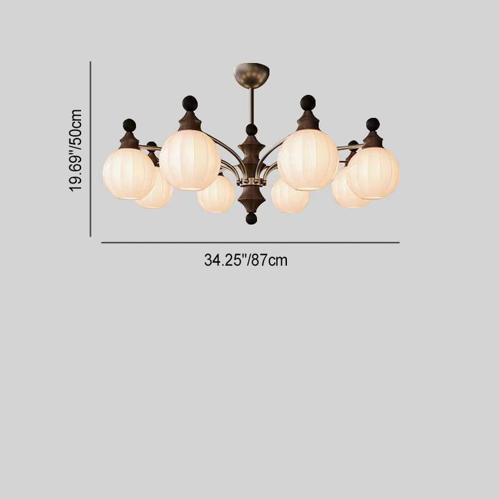 Rama de vidrio contemporánea retro con pantalla de vidrio en forma de orbe, marco de hardware de madera, lámpara de araña de 3/5/8 luces para sala de estar 