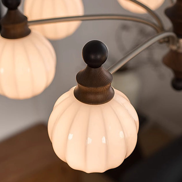Rama de vidrio contemporánea retro con pantalla de vidrio en forma de orbe, marco de hardware de madera, lámpara de araña de 3/5/8 luces para sala de estar 