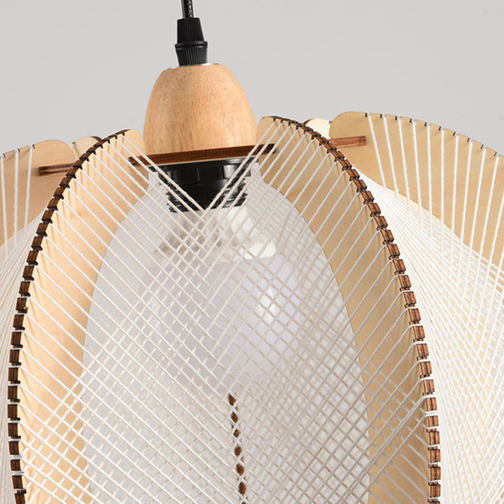 Suspension lumineuse à 1 ampoule en forme de cage à oiseaux ronde japonaise traditionnelle en bois et corde de chanvre pour salon 