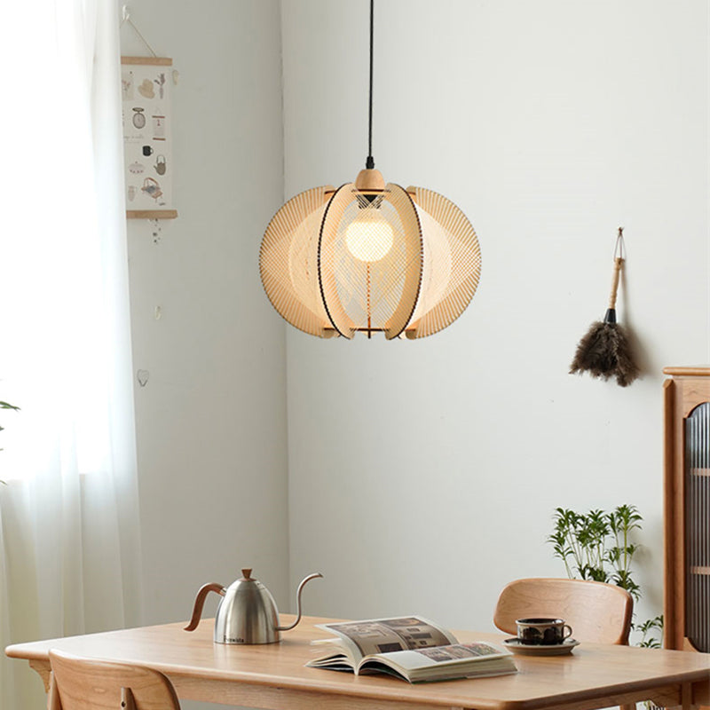 Suspension lumineuse à 1 ampoule en forme de cage à oiseaux ronde japonaise traditionnelle en bois et corde de chanvre pour salon 