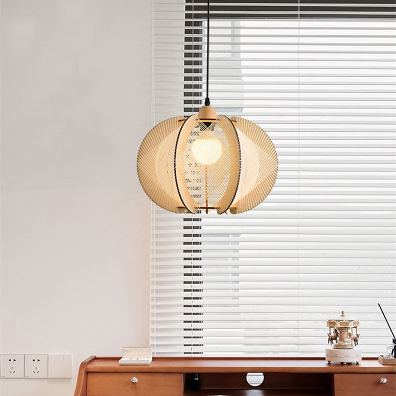 Suspension lumineuse à 1 ampoule en forme de cage à oiseaux ronde japonaise traditionnelle en bois et corde de chanvre pour salon 