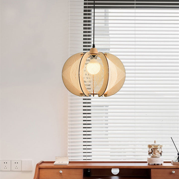 Suspension lumineuse à 1 ampoule en forme de cage à oiseaux ronde japonaise traditionnelle en bois et corde de chanvre pour salon 