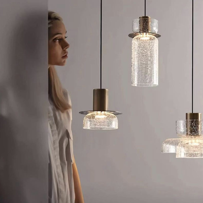 Lustre LED en verre craquelé cylindrique rond de luxe contemporain pour salon 