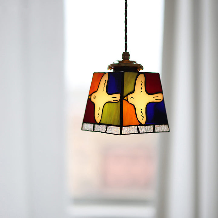 Lámpara colgante de 1 luz de cobre y vidrio cuadrado vintage tradicional con paloma de la paz para sala de estar 