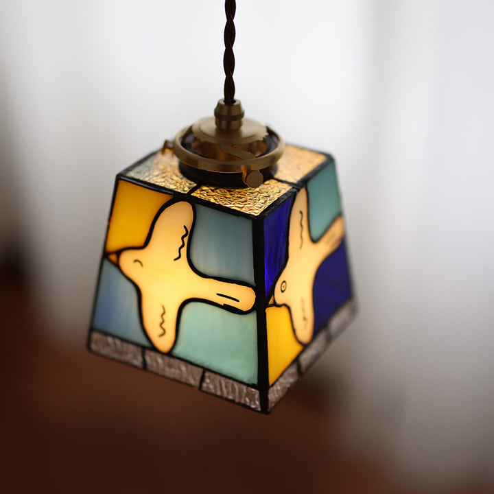 Lámpara colgante de 1 luz de cobre y vidrio cuadrado vintage tradicional con paloma de la paz para sala de estar 