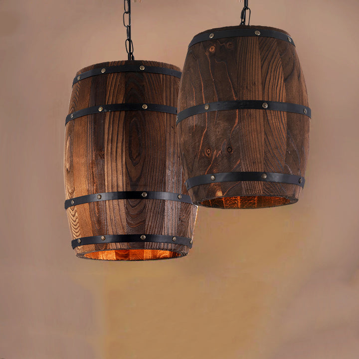 Traditionelle rustikale Fass-Holz-Eisen 1-Licht Pendelleuchte für das Esszimmer 