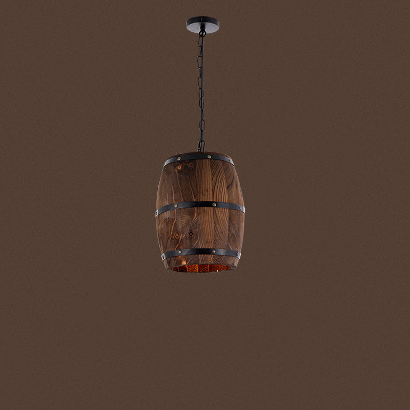Traditional Rustic Barrel Wood Iron 1-Light Pendant Light For Dining Room