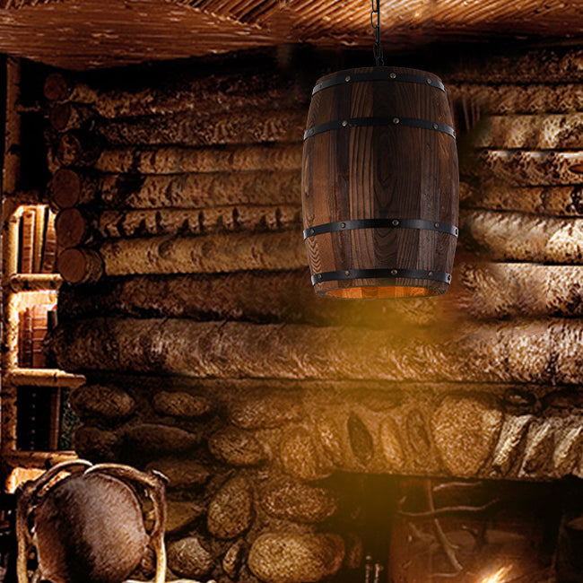 Traditionelle rustikale Fass-Holz-Eisen 1-Licht Pendelleuchte für das Esszimmer 