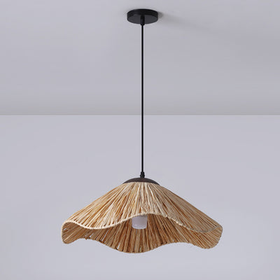 Traditional Rustic Round Wave Iron Straw 1-Light Pendant Light For Living Room