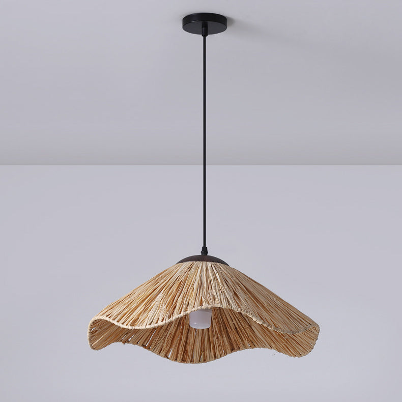Traditional Rustic Round Wave Iron Straw 1-Light Pendant Light For Living Room