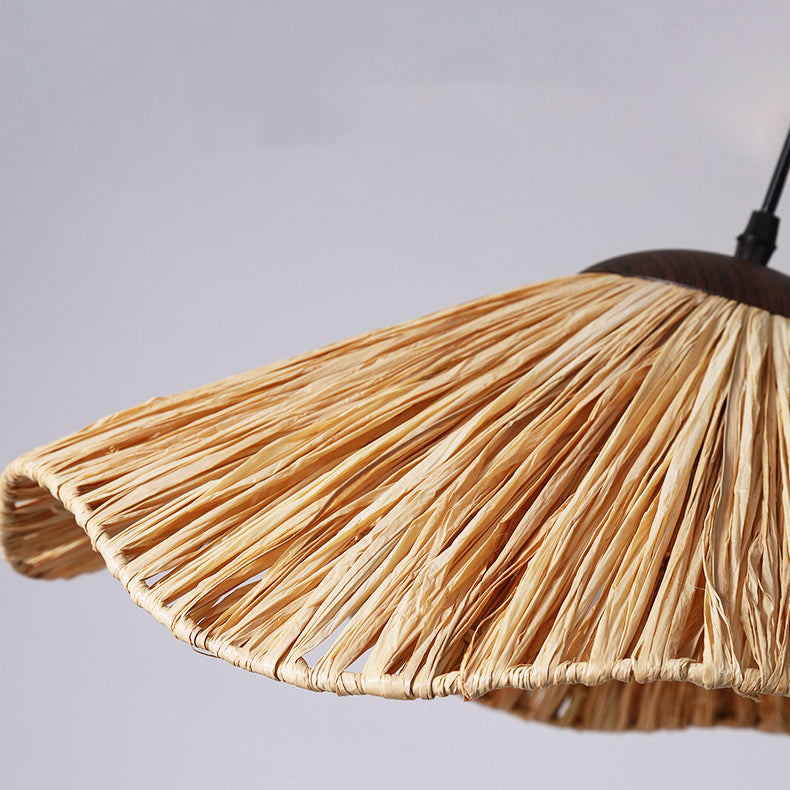 Traditional Rustic Round Wave Iron Straw 1-Light Pendant Light For Living Room