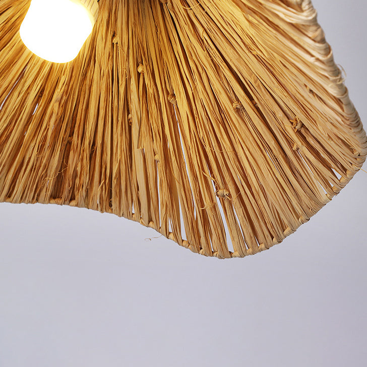 Traditional Rustic Round Wave Iron Straw 1-Light Pendant Light For Living Room