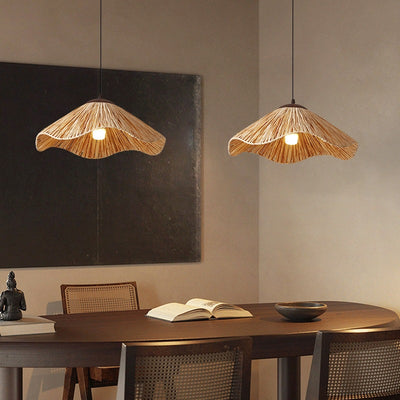 Traditional Rustic Round Wave Iron Straw 1-Light Pendant Light For Living Room
