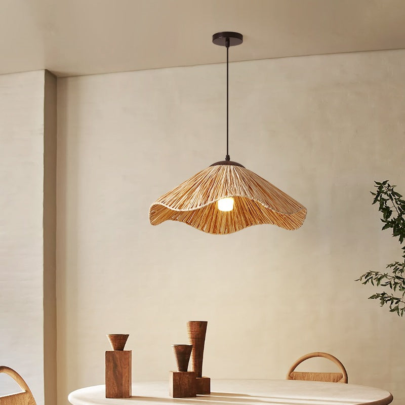 Traditional Rustic Round Wave Iron Straw 1-Light Pendant Light For Living Room