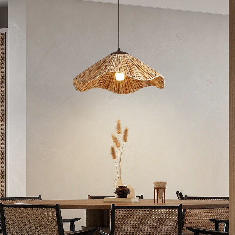 Traditional Rustic Round Wave Iron Straw 1-Light Pendant Light For Living Room