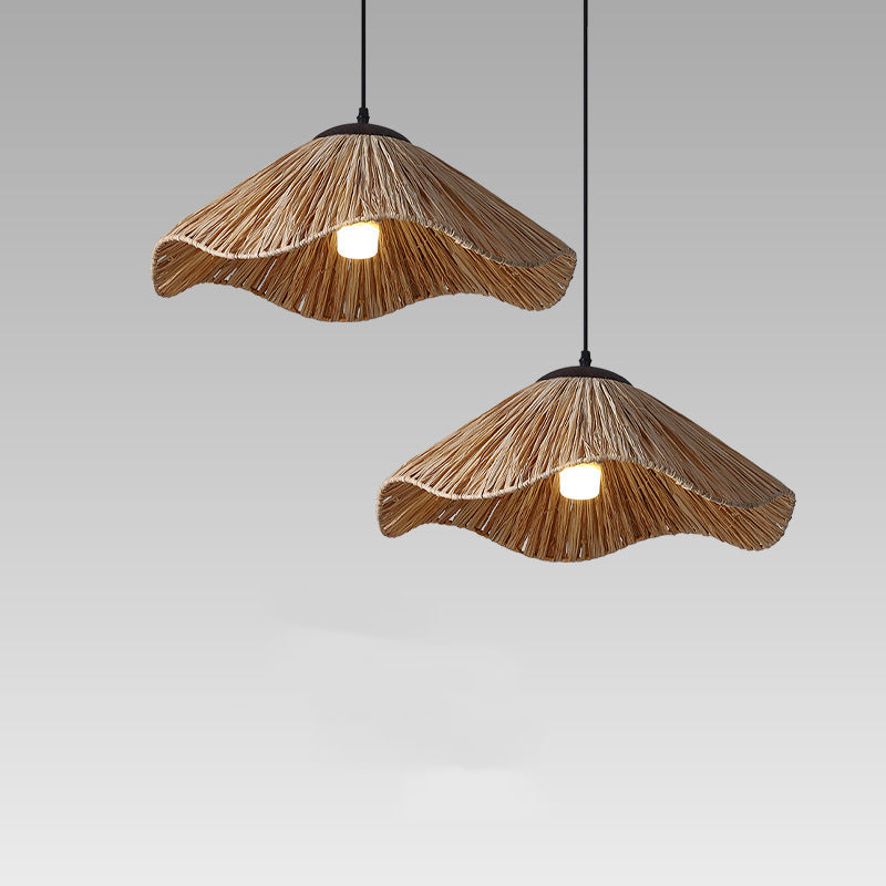 Traditional Rustic Round Wave Iron Straw 1-Light Pendant Light For Living Room