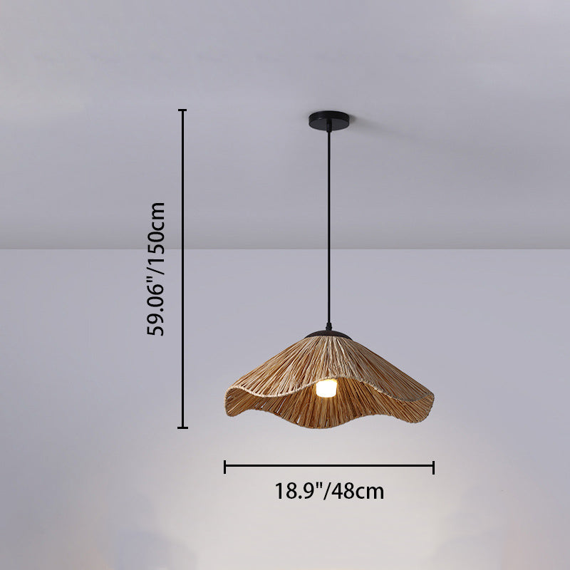 Traditional Rustic Round Wave Iron Straw 1-Light Pendant Light For Living Room