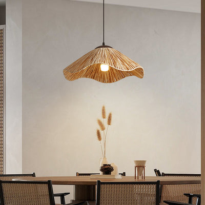 Traditional Rustic Round Wave Iron Straw 1-Light Pendant Light For Living Room