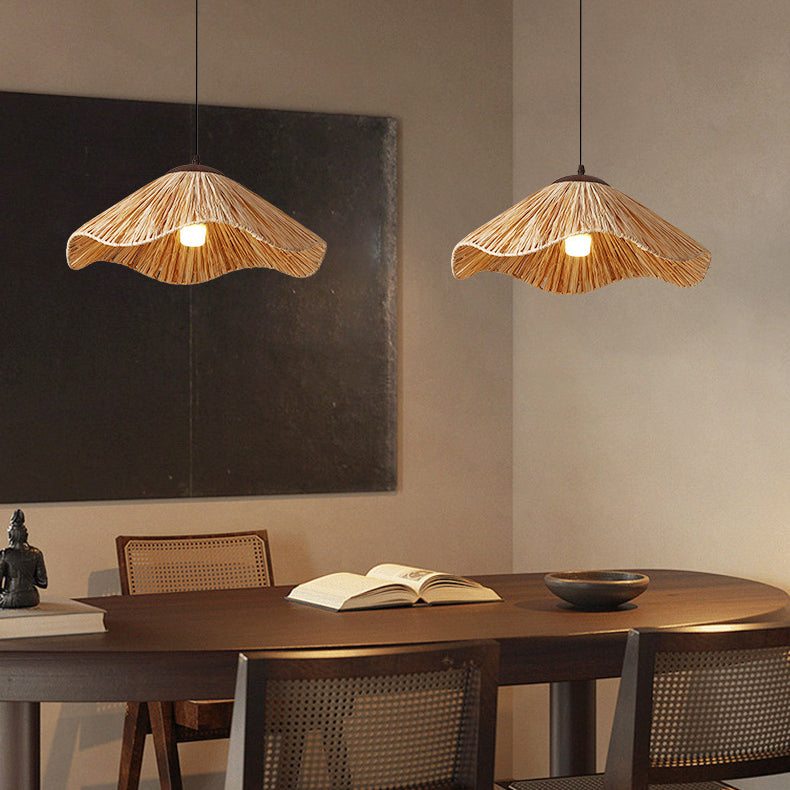 Traditional Rustic Round Wave Iron Straw 1-Light Pendant Light For Living Room