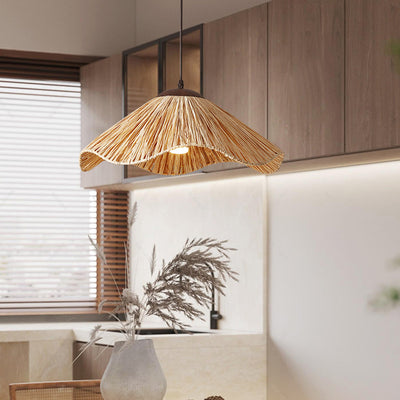 Traditional Rustic Round Wave Iron Straw 1-Light Pendant Light For Living Room