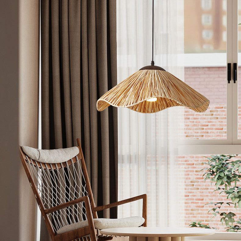 Traditional Rustic Round Wave Iron Straw 1-Light Pendant Light For Living Room