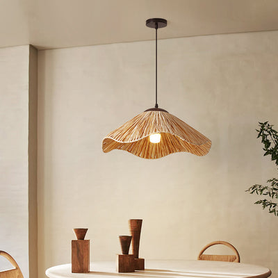 Traditional Rustic Round Wave Iron Straw 1-Light Pendant Light For Living Room