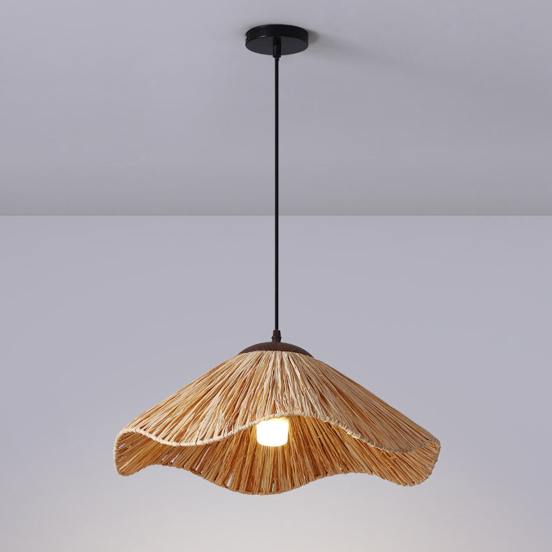 Traditional Rustic Round Wave Iron Straw 1-Light Pendant Light For Living Room