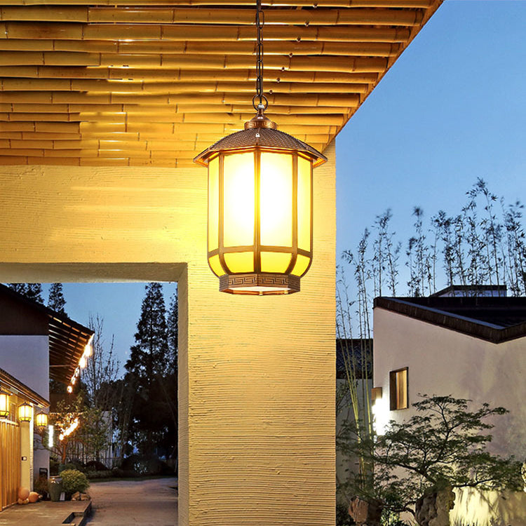 Linterna redonda china tradicional de aluminio hierro vidrio 1-luz colgante para patio exterior 