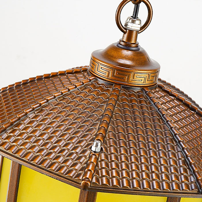 Linterna redonda china tradicional de aluminio hierro vidrio 1-luz colgante para patio exterior 
