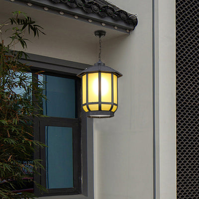 Linterna redonda china tradicional de aluminio hierro vidrio 1-luz colgante para patio exterior 