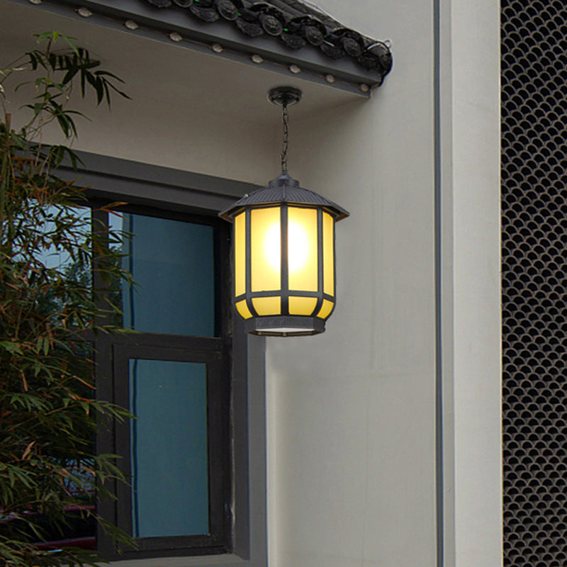 Linterna redonda china tradicional de aluminio hierro vidrio 1-luz colgante para patio exterior 
