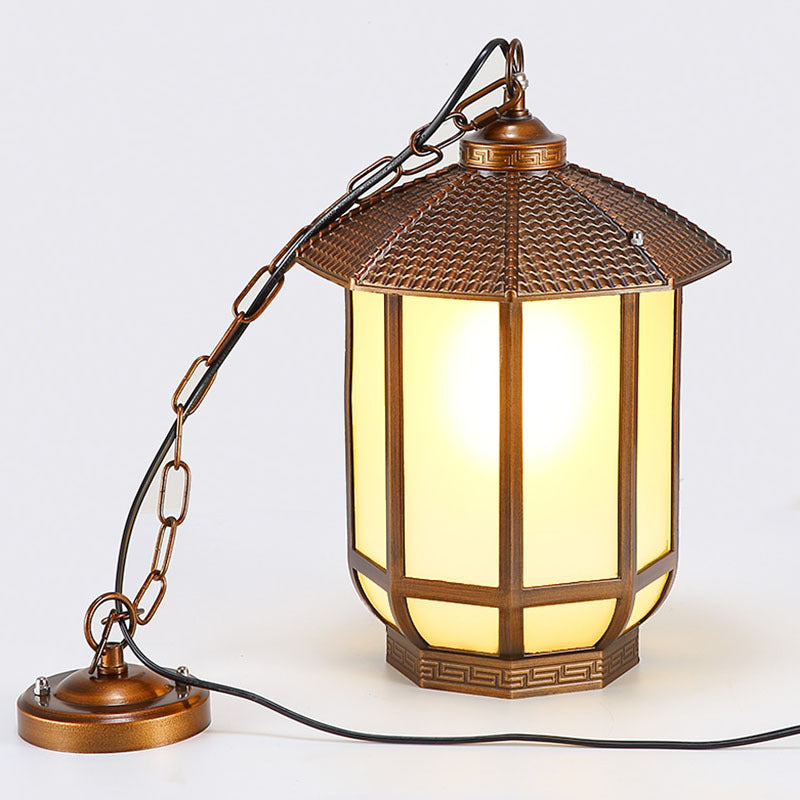 Linterna redonda china tradicional de aluminio hierro vidrio 1-luz colgante para patio exterior 