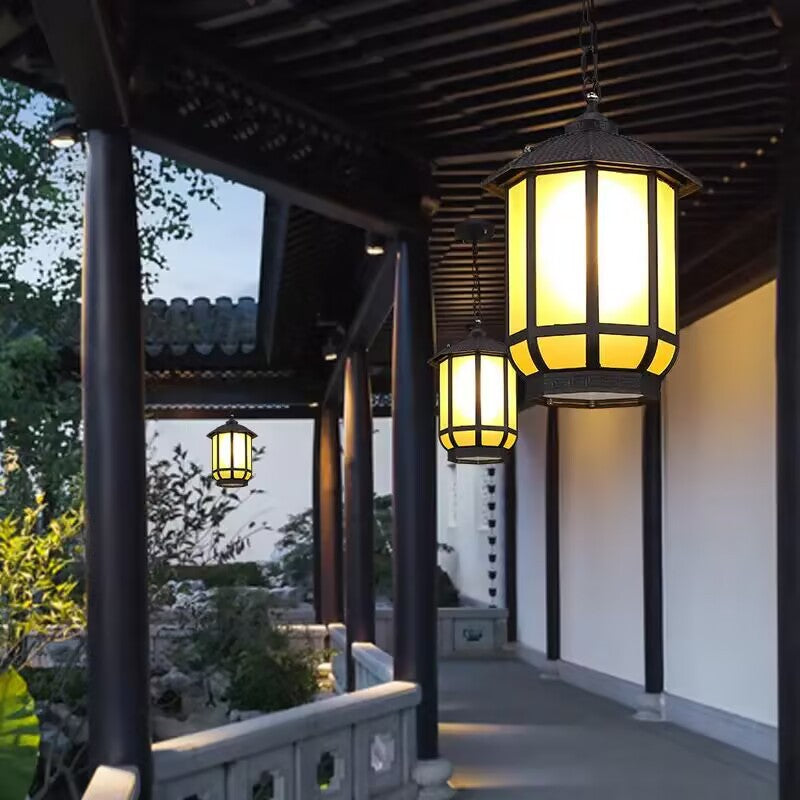 Linterna redonda china tradicional de aluminio hierro vidrio 1-luz colgante para patio exterior 