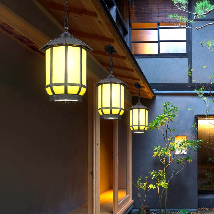 Linterna redonda china tradicional de aluminio hierro vidrio 1-luz colgante para patio exterior 