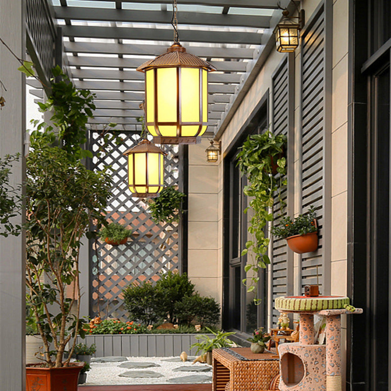 Linterna redonda china tradicional de aluminio hierro vidrio 1-luz colgante para patio exterior 