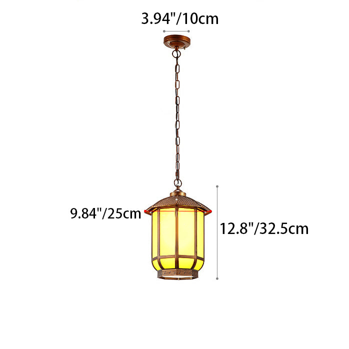 Linterna redonda china tradicional de aluminio hierro vidrio 1-luz colgante para patio exterior 