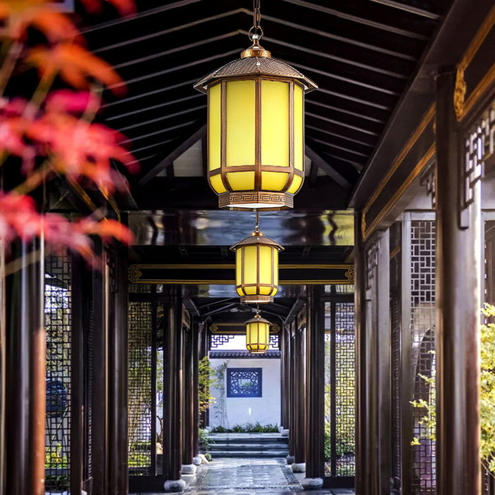 Traditionelle chinesische runde Laterne Aluminium Eisen Glas 1-Licht Pendelleuchte für Außenbereich Terrasse 