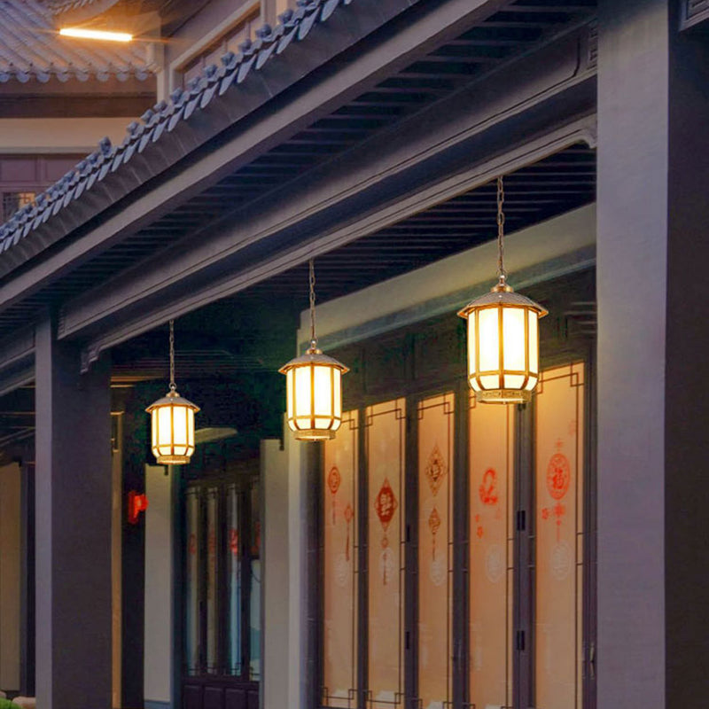 Linterna redonda china tradicional de aluminio hierro vidrio 1-luz colgante para patio exterior 