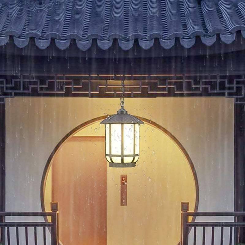 Linterna redonda china tradicional de aluminio hierro vidrio 1-luz colgante para patio exterior 
