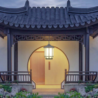 Linterna redonda china tradicional de aluminio hierro vidrio 1-luz colgante para patio exterior 