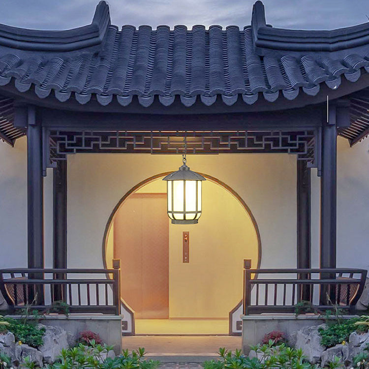 Linterna redonda china tradicional de aluminio hierro vidrio 1-luz colgante para patio exterior 