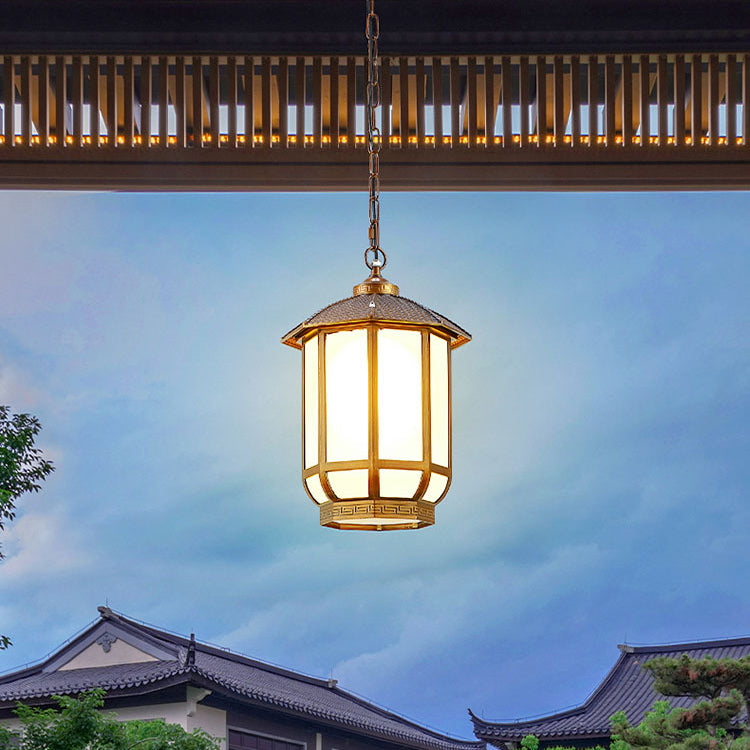 Linterna redonda china tradicional de aluminio hierro vidrio 1-luz colgante para patio exterior 