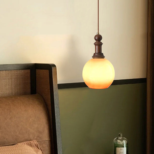 Globe Vintage Traditionnel Dôme Ovale Bois Fer Tissu Verre Suspension 1-Lumière Pour Chambre 