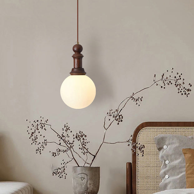 Traditional Vintage Globe Dome Oval Wood Iron Fabric Glass 1-Light Pendant Light For Bedroom