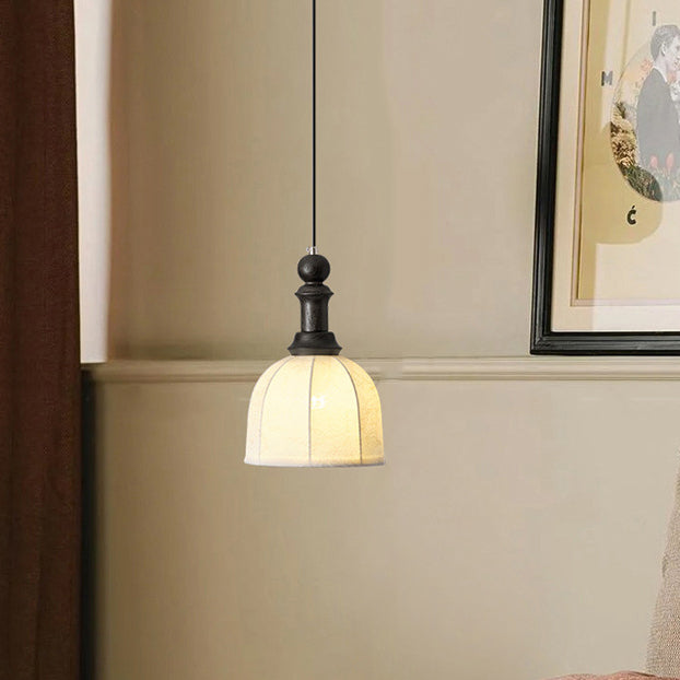 Traditional Vintage Globe Dome Oval Wood Iron Fabric Glass 1-Light Pendant Light For Bedroom
