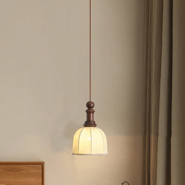 Traditional Vintage Globe Dome Oval Wood Iron Fabric Glass 1-Light Pendant Light For Bedroom