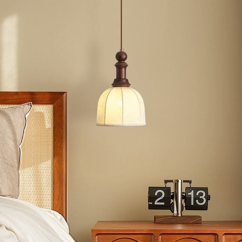 Traditional Vintage Globe Dome Oval Wood Iron Fabric Glass 1-Light Pendant Light For Bedroom